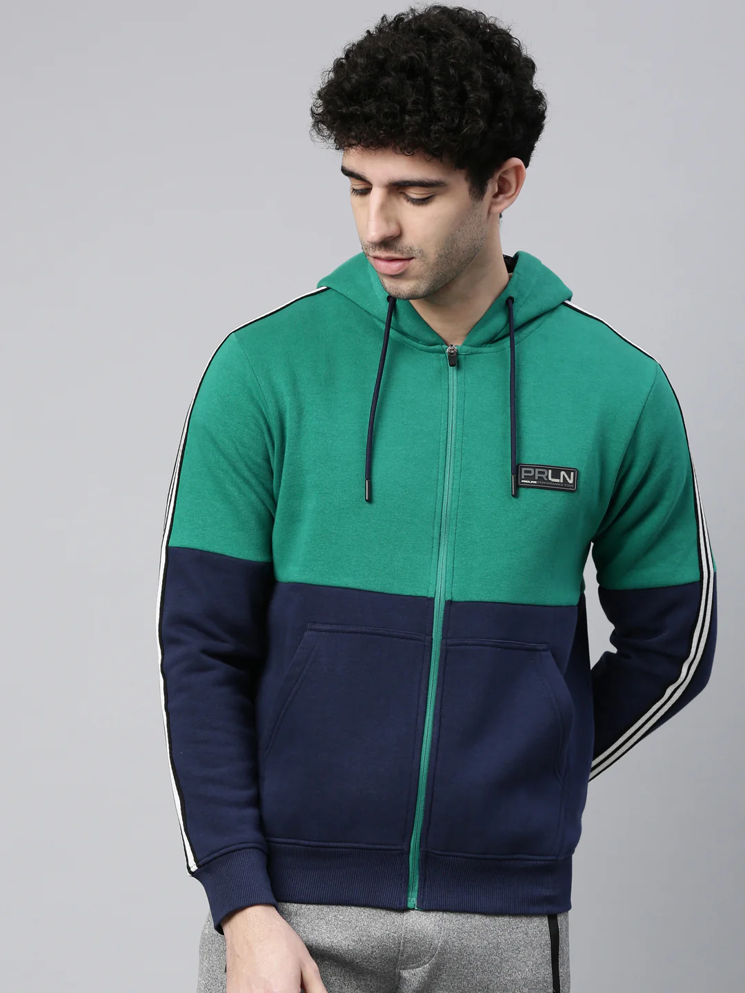 Men's Olive Front Open Hoodie Sweatshirt with Cut and Sew, Knit Tape and Branding Detail