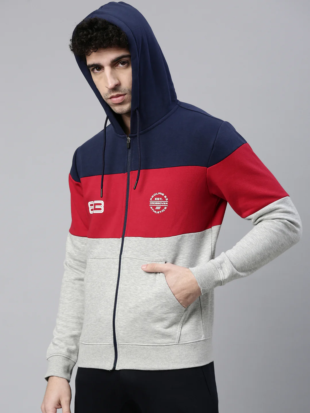 Men's Grey Front Open Hoodie Sweatshirt with Cut and Sew and Branding Detail - Image 3